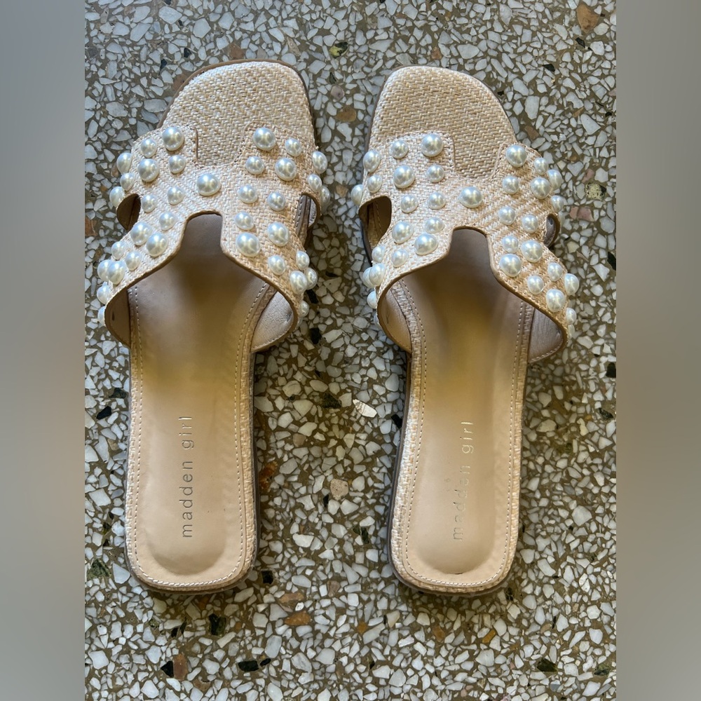 Madden Girl Pearl-Embellished Beige Slide Sandals